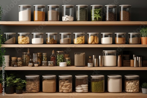 Couple organizing pantry with airtight containers to keep food fresh and pestfree, welllit shelves. 3D render