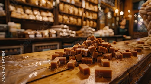 Delicious caramel candies on a wooden table in a bakery shop