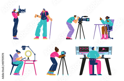 Professional video makers and editors set, flat vector illustration isolated.
