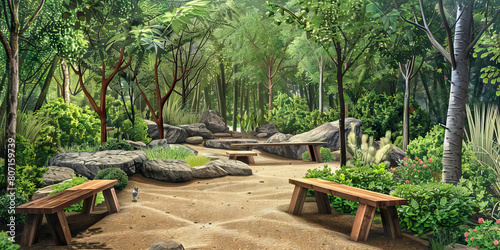 Outdoor Learning Area Floor: Displaying benches, natural features like trees or rocks, and designated spaces for outdoor lessons