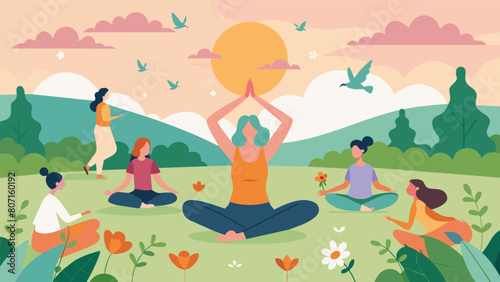 In a serene meadow surrounded by wildflowers and chirping birds a yoga class begins their day with a sunrise stretch followed by a tea tasting.. Vector illustration