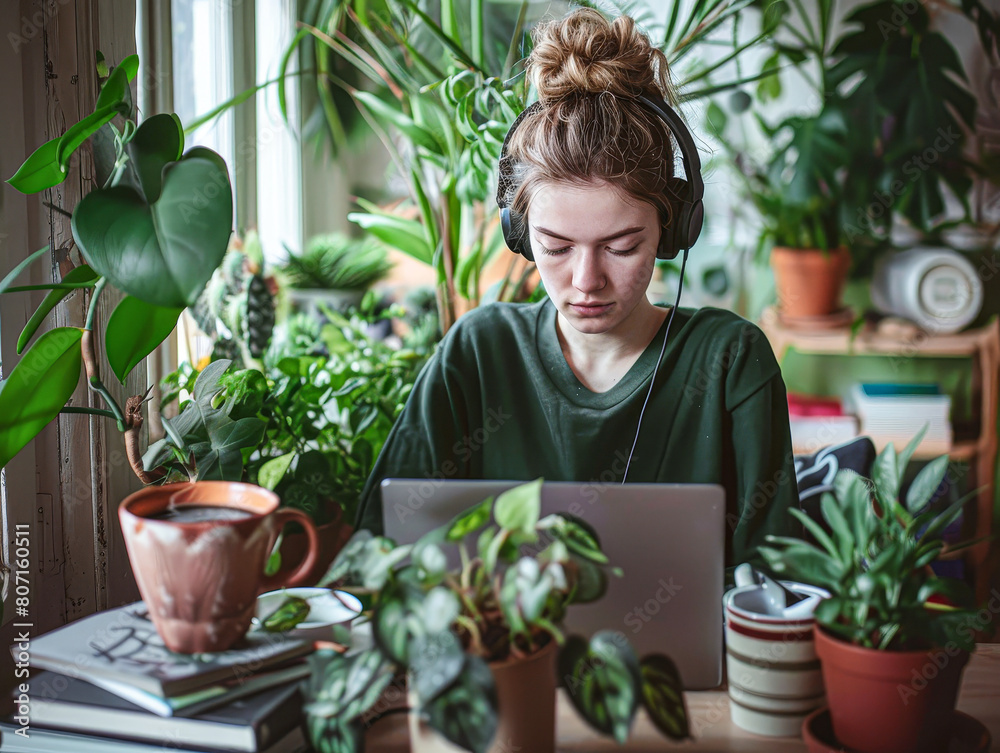 A woman is sitting at a table with a laptop and a cup of coffee. She is wearing headphones and she is focused on her work. The table is surrounded by potted plants A woman is sitting at a table with a laptop and a cup of coffee. She is wearing headphones and she is focused on her work. The table is surrounded by potted plants
