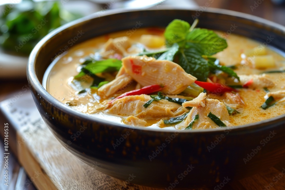 Spicy coconut chicken soup in a bowl