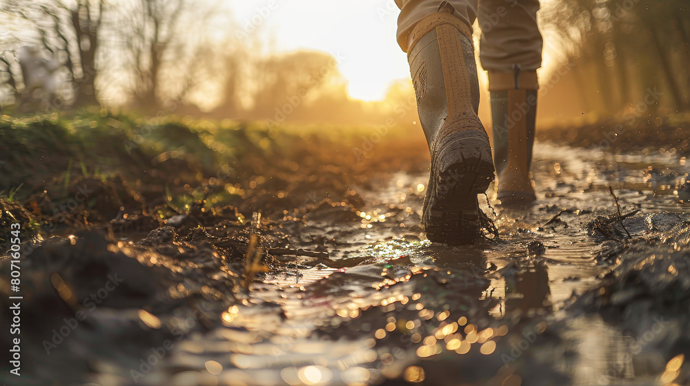 A person is walking through a muddy field with their boots in the mud. The sun is shining brightly, creating a warm and inviting atmosphere. The scene is peaceful and serene A person is walking through a muddy field with their boots in the mud. The sun is shining brightly, creating a warm and inviting atmosphere. The scene is peaceful and serene