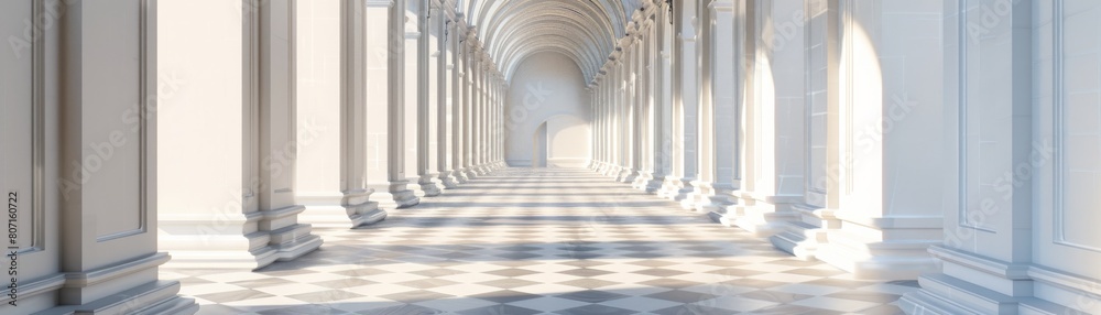 A long, narrow hallway with white pillars and a white floor