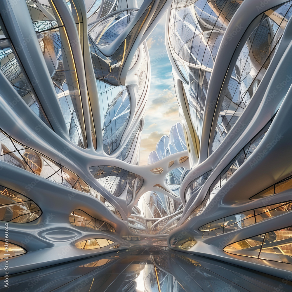 The image shows the interior of a futuristic building with a large, curved glass roof supported by a complex network of metal beams. The image shows the interior of a futuristic building with a large, curved glass roof supported by a complex network of metal beams.