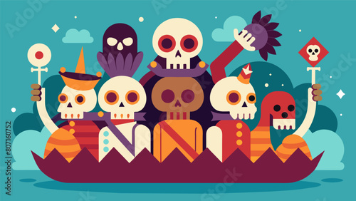 A float adorned with skulls and bones features performers chanting about the threat of overpopulation and limited resources..