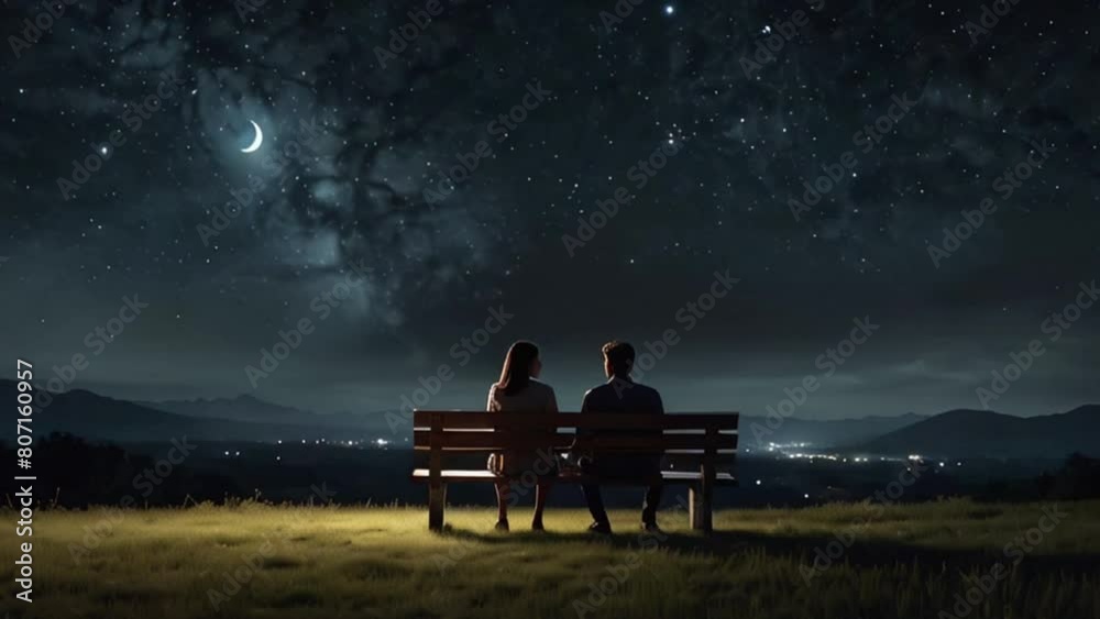 Couple on Bench Watching Starry Night Sky with Crescent Moon and City Lights Couple on Bench Watching Starry Night Sky with Crescent Moon and City Lights