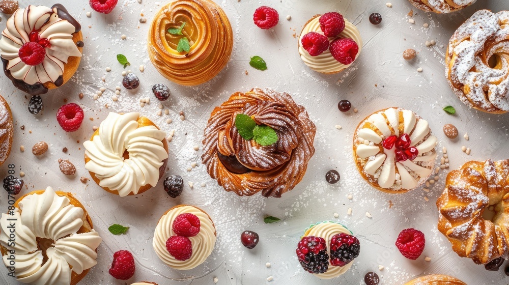 Delicious cupcakes with berries and mint on light background. Top view. Delicious cupcakes with berries and mint on light background. Top view.