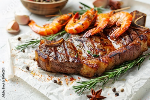 Spicy T bone beef steak and skewered queen prawns with rosemary seasoning white background