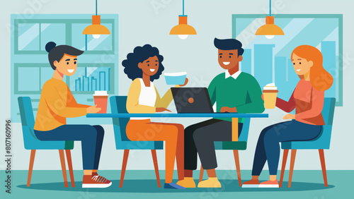 A group of students sitting in a coffee shop sharing their thoughts and concerns about whether the high cost of college is worth it in the long run.. Vector illustration