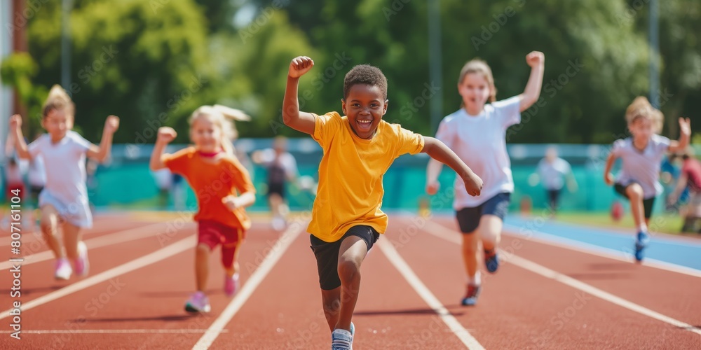 Enthusiastic young boy crossing the finish line first in a school track race