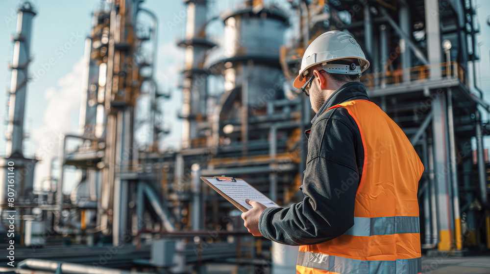 A man in a safety vest is standing in front of a large industrial plant. He is holding a clipboard and looking at it A man in a safety vest is standing in front of a large industrial plant. He is holding a clipboard and looking at it