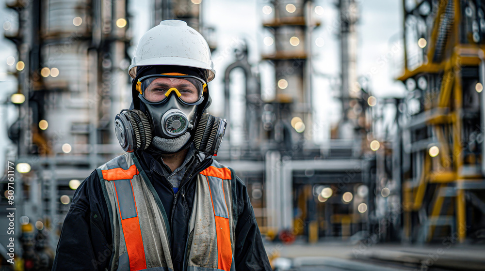 A man in a white helmet and orange vest stands in front of a large industrial plant. He is wearing a gas mask and he is a worker at the plant A man in a white helmet and orange vest stands in front of a large industrial plant. He is wearing a gas mask and he is a worker at the plant