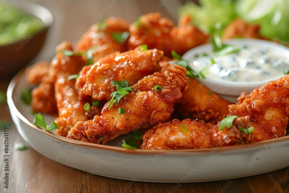 Closeup of golden brown chicken strips on a dish with ranch dressing and blue cheese sauce. Wooden table Closeup of golden brown chicken strips on a dish with ranch dressing and blue cheese sauce. Wooden table