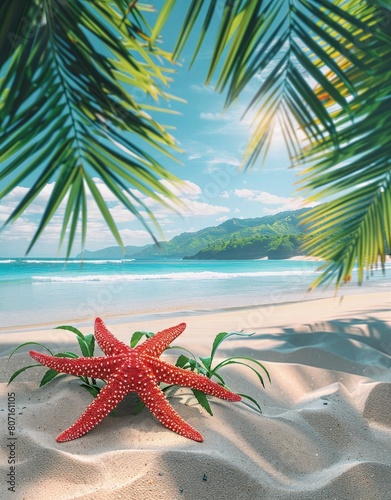 Starfish on the beach with palm trees and blue sea background   detailed background 
