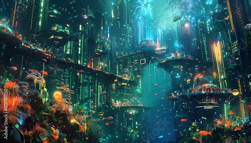 Craft a side view of a breathtaking underwater city