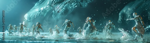 Craft a visually stunning scene of mechanized models sashaying along an aquamarine catwalk photo