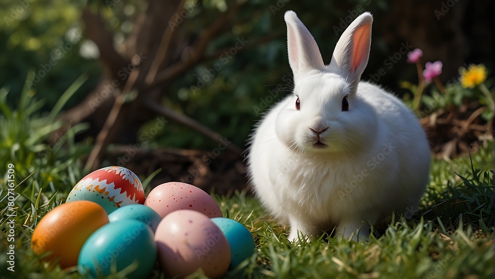 Easter Delights Colorful Eggs, Beautiful Pie, and Cute White Rabbit Easter Delights Colorful Eggs, Beautiful Pie, and Cute White Rabbit