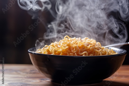 Steaming instant noodles in bowl with natural light dark background selective focus Convenient and cheap but frequent consumption is unhealthy