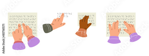Diverse hands reading braille vector set