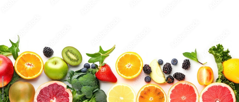 Fruits and Vegetables wide collage isolated on white background Fruits and Vegetables wide collage isolated on white background