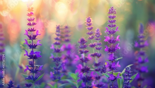 Summer flowerbed of bright purple woodland sage flower Salvia nemorosa on blurred background vintage colors