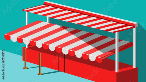 A red and white striped awning shades the outdoor racks of refurbished skis ready for purchase.. Vector illustration