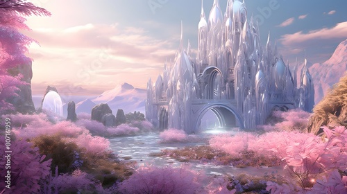 Beautiful fantasy landscape with river and bridge  3d render illustration