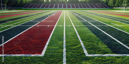 Outdoor Sports Field Floor: Showing markings for sports like soccer, football, or track and field, along with bleachers or seating areas