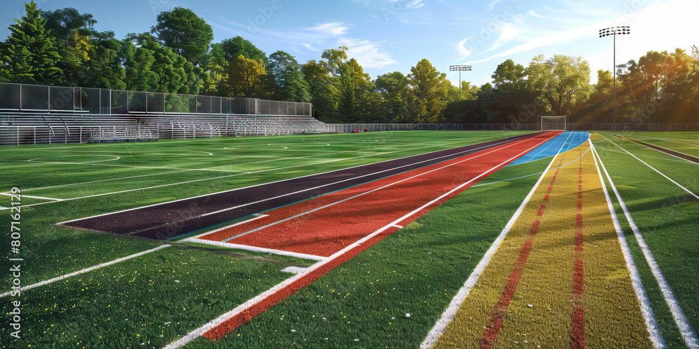 Fototapeta premium Outdoor Sports Field Floor: Showing markings for sports like soccer, football, or track and field, along with bleachers or seating areas