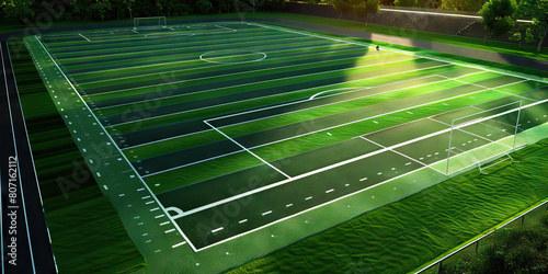 Outdoor Sports Field Floor  Showing markings for sports like soccer  football  or track and field  along with bleachers or seating areas