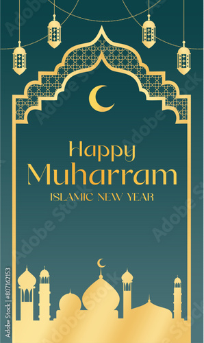 Happy muharram islamic new year banner postcard golden mosque midnight green star and moon background Muslim holidays 