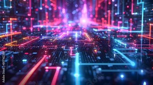 Vibrant Neon Gridlock: A Photorealistic Representation of a Locked Digital Pathway Network photo