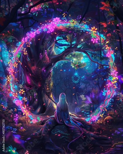 AI generated illustration of a girl sits by a big tree adorned with twinkling lights