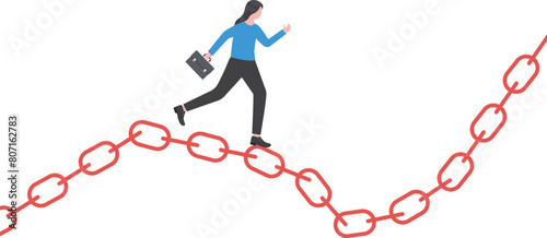 supply chain. Connecting chains together. Businesswoman running on metal chains
