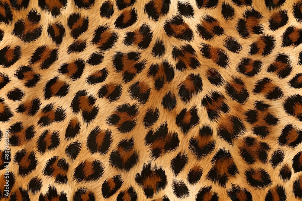 Seamless leopard print pattern with black, brown, and gold spots. The fur texture is rendered in detail, giving a realistic feel to the pattern. Seamless leopard print pattern with black, brown, and gold spots. The fur texture is rendered in detail, giving a realistic feel to the pattern.