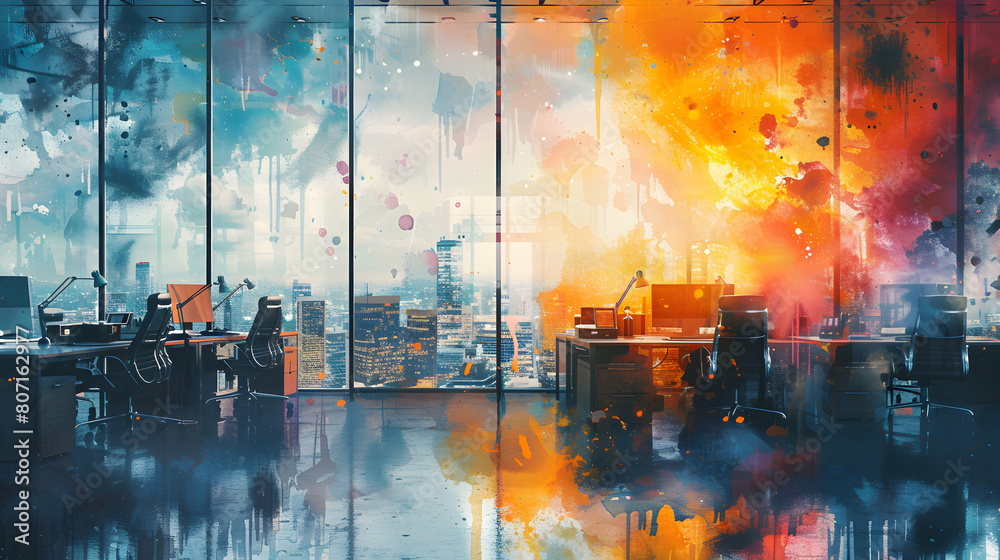 Vibrant Watercolor Illustration of a Photo Realistic Open Office Space Odyssey Concept