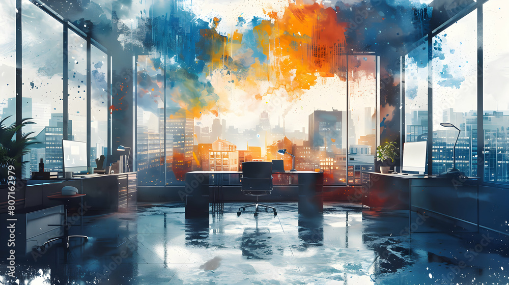 Vibrant Watercolor Illustration of Open Office Space Odyssey in Photorealistic Style Vibrant Watercolor Illustration of Open Office Space Odyssey in Photorealistic Style