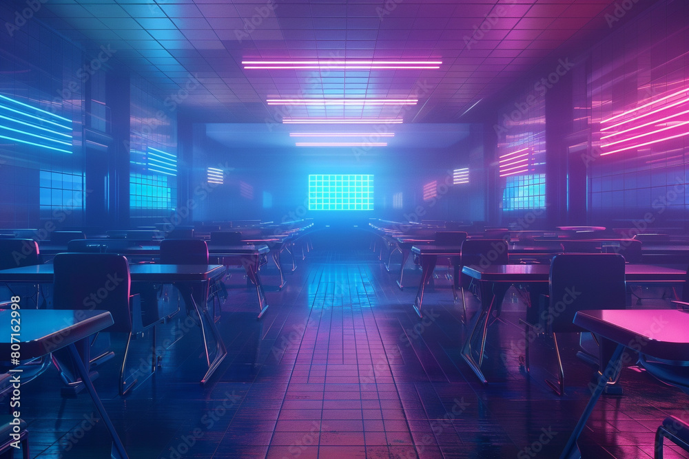 The image shows an empty cafeteria with blue and pink neon lights. The cafeteria is dark and mysterious. The image shows an empty cafeteria with blue and pink neon lights. The cafeteria is dark and mysterious.