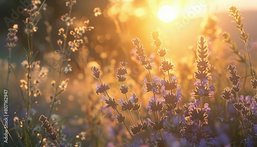 Sunrise in a Provencial field with clary sage and thistles photo