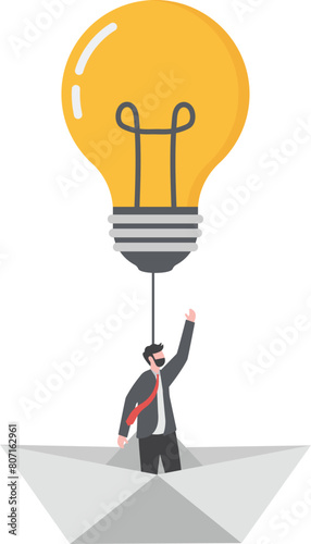 Business people grow their business with creativity. paper boat floats with light bulb balloons and there is a businessman in a paper boat

