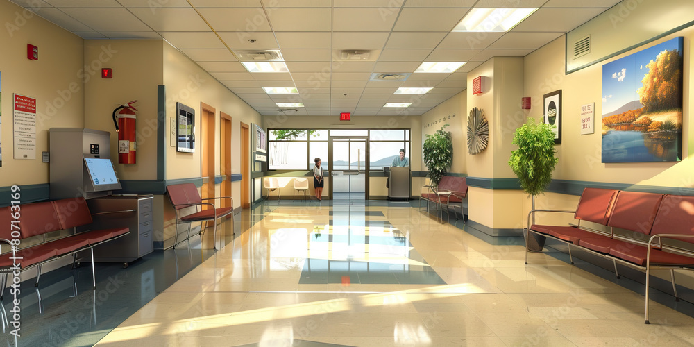Obraz premium Health Center Floor: Featuring examination rooms, medical equipment, and a waiting area for student health services