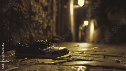 A lonely shoe abandoned on the wet pavement at night. The street is empty and there is no one in sight.