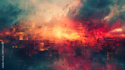 Digitally Enhanced Dreamscape  Pixelated Digital Hues and Abstract Forms in Photorealistic Composition