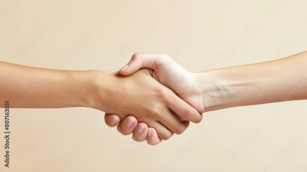 A united handshake of a male and female hand on a toned background A united handshake of a male and female hand on a toned background