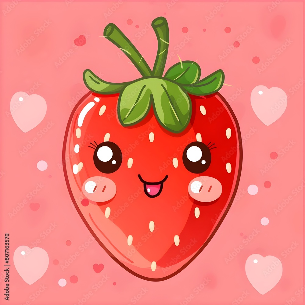 Obraz premium cartoon shape strawberry in a haert shaped pink background generative ai, Kawaii strawberry fruit icon 