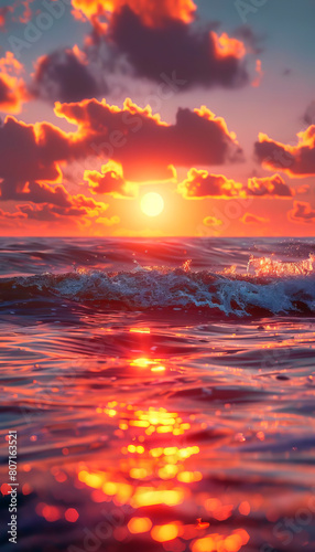 A beautiful sunset over the ocean. The warm colors of the sky and the gentle waves of the water create a peaceful and relaxing scene.