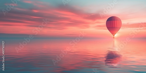 A serene hot air balloon journey floating above calm waters against a backdrop of a colorful sunset, instilling peace and tranquility photo