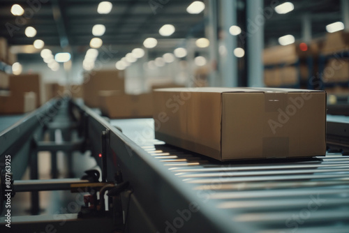 multiple cardboard box packages seamlessly moving along a conveyor belt in a warehouse